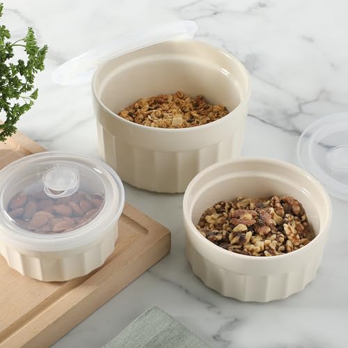 Image of Martha Stewart Broadbrook 6 Piece Stoneware Meal Prep Container Set with Lids, Round Food Storage & Bakeware, Cream, Oven, Microwave & Dishwasher Safe