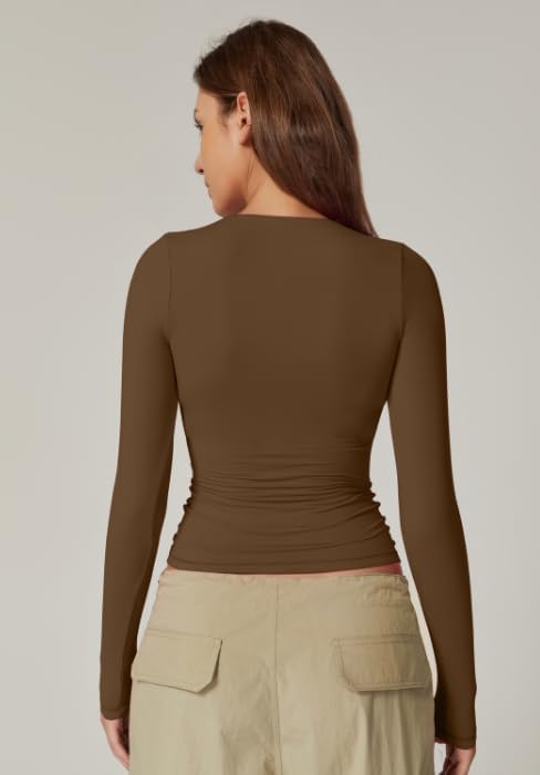 QINSEN Women's Sexy Square Neck Shirt Long Sleeve Double Lined Tees Fitted Going Out Tops - Image 2