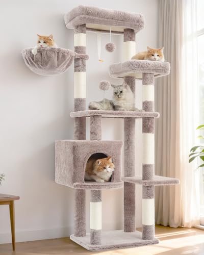 Image of Gitelsnour 55.1'' Cat Tree Tower for Indoor Cats, Large Platform, CCT013MU | 7 Sisal Scratching Posts, Multi-level Cat Condo Cat Cave, 2 Padded Perches, Basket, Furry Ball, Toy, Mushroom