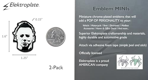 Image of Elektroplate Officially Licensed Mini Halloween Michael Myers OEM Emblems for Motorcycles, Watercrafts, and Decorations | Universal Fit at 1.6 inch x 1.25 inch | Weatherproof | 2-Pack
