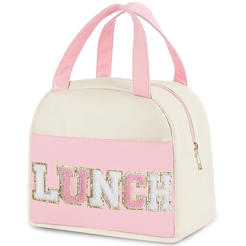 YIChongDan Lunch Bag for Women Teen Girls Kids Adults Large Lunch Box Preppy Cute Pink Lunch Bag with Letter Big Thermal Freezable Reusable Lunch Tote Bag Organizer for Picnic School Work