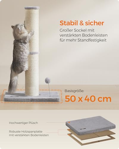 Feandrea Kratzbaum, 85 cm hoch, Kratzsäule XL, 13 cm Dicker Stamm, Katzenbaum, Kratzstamm für mittelgroße und große Katzen, Sisalstamm, mit Plüschball und Glocke, Taubengrau PCA041G01