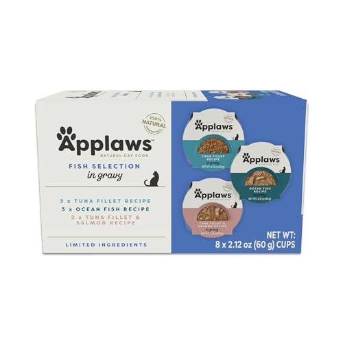 Applaws Natural Wet Cat Food in Gravy, Limited and Natural Ingredients, High Protein with No Artificial Additives, Fish Selection in Gravy (8X 2.12 oz Easy-Open Cups)