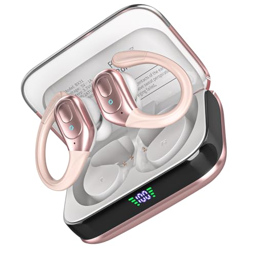 sajawass Wireless Earbuds Bluetooth 5.4 Headphones, IPX7 Waterproof Earphones, Over-Ear Earphones, Noise Canceling Ear Buds with 75hr Playtime, LED Power Display for Sports/Workouts - Rose Gold