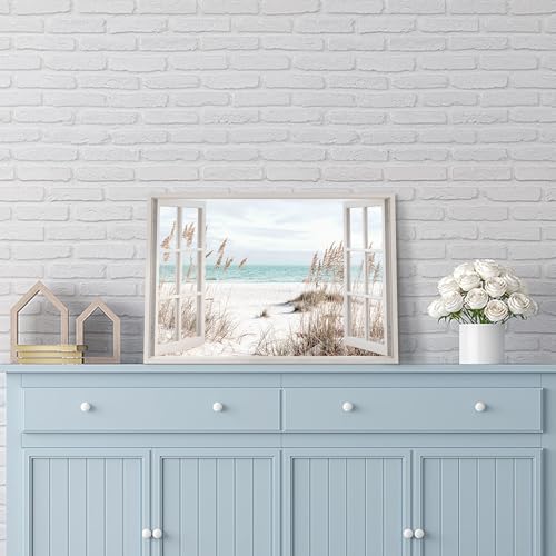 Beach Window Canvas Wall Art: Living Room Blue Ocean Scene Painting Coastal Seascape Picture Bedroom Modern Relaxing Sea Landscape Print Tropical Seaside Artwork Decor for Home Office - Image 3