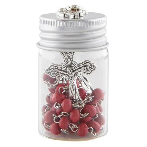 Catholic Rose Petal Red Rosary Necklace with Rose Bud Glass Bottle Rosary Case with Screw Top Silver Lid, onesize2