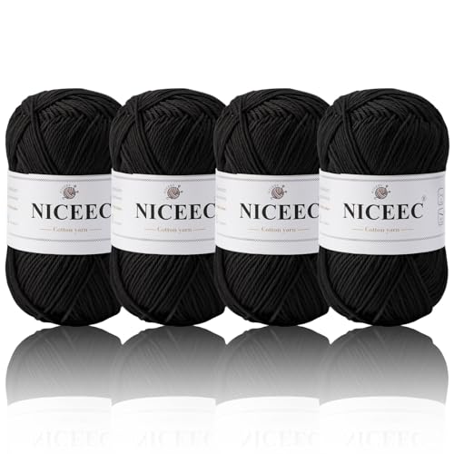 NICEEC 4 Skeins Soft Baby Cotton Yarn (Black)