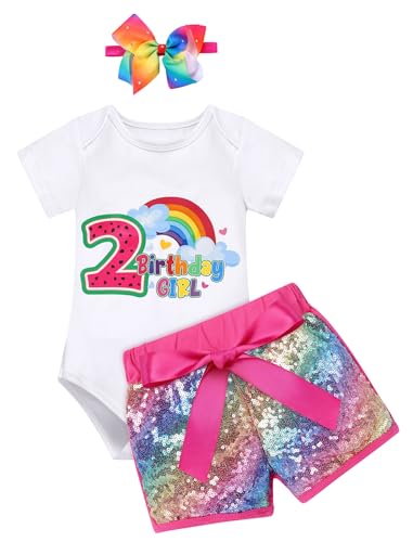 2nd Birthday Outfit Girl Baby Toddler Short Sleeve Romper+Shiny Rainbow Sequin Shorts+Headband 3PCS Summer Clothes Melon Watermelon Party Supplies Two Year Old Cake Smash Photography Pink-2T 2 Years