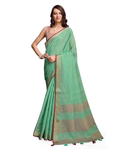Image of SWORNOF Women's Linen Cotton Silk Saree with Unstitched Blouse Piece | Saree for Women | Saree with Blouse Piece | Soft and Skin Friendly