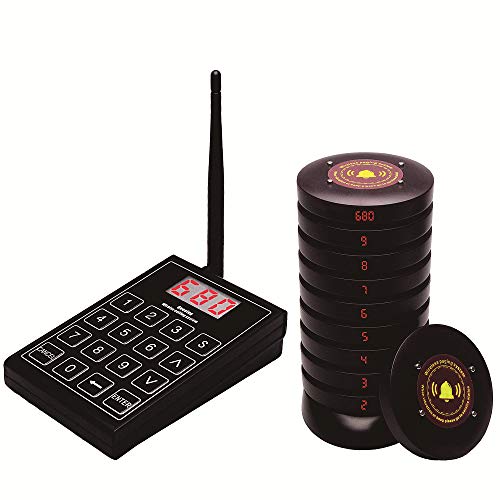 QMTWTFSS 10 Coaster Pagers+1 Keypad Transmitter Wireless Calling System for Servers for Restaurant Church Food Truck Coffee Shop Office Wireless Guest Paging System (10 Pager)