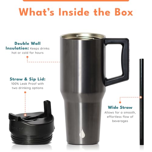 Image of Elemental 100% Leak Proof 32oz Tumbler with Handle & Straw Travel Mug | Stainless Steel Double Wall Insulated Tumbler for Hot and Cold Beverages with Sip & Straw Lid