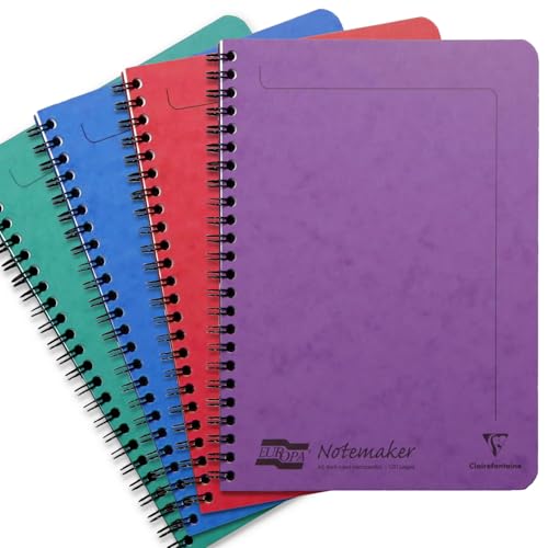 Image of Clairefontaine Europa Notemaker Spiral Notebook | Pack of 4 Notebooks | 120 Detachable Lined Ruled White Pages | Glossy Card Cover, 90gsm Paper | Twin-Wire Bound | A5, Green, Blue, Red, Violet