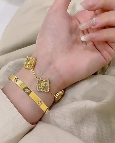 18K Gold Plated Clover Lucky Love Bangle Bracelet Set For Women, Non Tarnish Stacking Friendship Bracelet Set, Christmas Anniversary Birthday Gift2