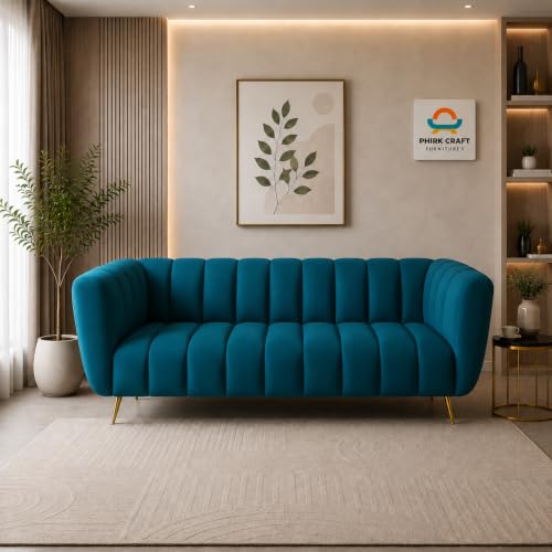 Velvet 3-Seater Kiki Sofa for Living Room | Modern Upholstered Couch with Channel-Tufted Backrest & Metal Accent Legs | Comfortable Seating for Bedroo