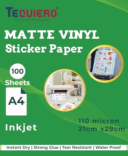 Image of TeQuiero 100 Matte Vinyl Sticker Sheet A4 Size Self Adhesive Inkjet Sticker Paper - 100 Sheets