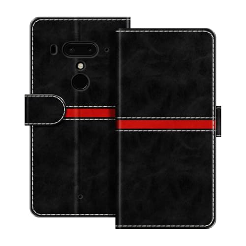 ESACMOT Funda Cartera de Cuero Compatible con HTC Exodus 1 Diseño de Rayas Horizontales Flip Cover Protectora con Ranura para Tarjeta Cierre Magnético (Negro)