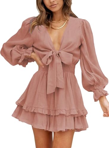 Image of Dokotoo Womens Casual Spring Fall 2025 Deep V Neck Knotted Tiered Chiffon Elegant Mini Short Swing Skater Dresses