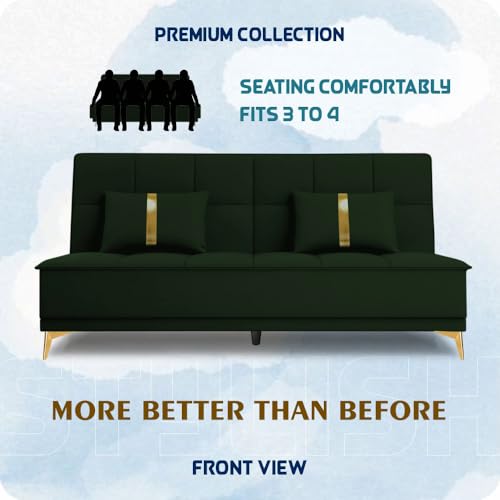 Image of Adorn India Premium New Alyssum 3 Seater Sofa Cum Bed 4X6 Velvet Suede with 2 Cushions (Color Green) and Suitable for All Indoor, with 3 Years Warranty