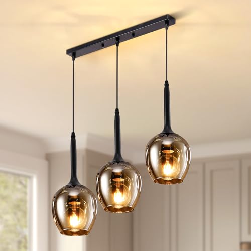 Warmiehomy Glass Pendant Lights 3 Lights Kitchen Island Lights Clear Glass Shade Light Pendant Fitting for Loft Bar Dinning Room Living Room L50*W18*H120cm(Black)