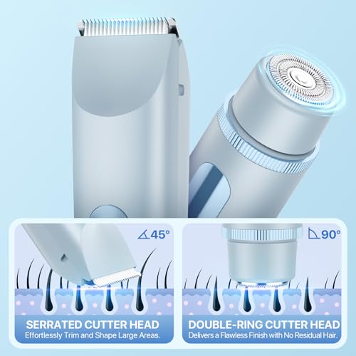 Image of Bikini Trimmer for Women, Rechargeable 2-in-1 Electric Razor for Shower& Travel, IPX7 Waterproof Painless Hair Removal for Bikini Line, Legs, Underarms, Wet & Dry Hypoallergenic Ceramic Blade, Blue