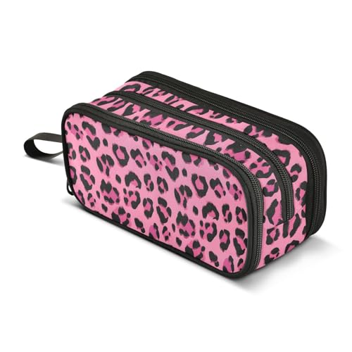 Image of Hot Pink Black Leopard Print Pencil Case Box Boys Girls Large Pencil Pouch Zipper Compartments Big Capacity Stationery Pen Bag Organizer for Kids Teens Adults School Office