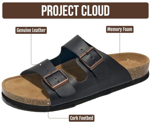 Image of Project Cloud Mens Sandals, 100% Genuine Leather Mens Slides (Heritage) | Memory Foam Insole & Cork Footbed Slides for Men Footwear Non Slip Summer Sandals for Men & Lightweight Sandals Men