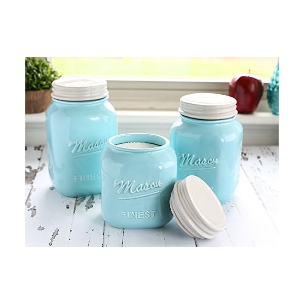 Sparrow Decor Mason Jar Kitchen Canister Set - Set of 3 Kitchen Canisters - Large, Round Ceramic Sets for Vintage, Rustic, or Farmhouse Look - Storage for Flour, Sugar, Tea, Coffee and More (Blue)