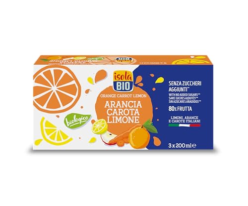 ISOLA BIO - Pack de 3 Unidades de Zumo Ecológico de Naranja, Zanahoria y Limón de 200 ml - Sin Azúcares Añadidos, Sin Conservantes Ni Colorantes - Apto para Consumo Vegano - Endulzado con Agave