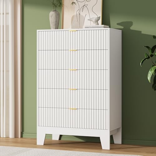 Image of Garvee 5 Drawer Dresser for Bedroom, 47 inch Tall Fluted Chest of Drawers with Metal Handle, Modern Wooden Dresser TV Stand, Clothes Storage Organizer Wood Closet for Hallway, Entryway, White