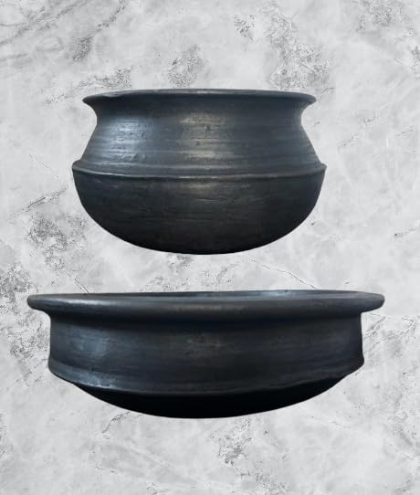 Clay Mall Kerala Combo (Large) 3L Curry Pot/Mitti ka Matka & 3L Clay Pot Kalam/Handi/Mitti ka Matka for Curd Churning Cooking (Clay/Handi Pot & Curry Pot, 3 Liter & 3 Liter)