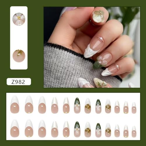 Image of Flower Press on Nails Green Fake Nails Medium Almond False Nails with Pearl Design White French Tip Glue on Nails Glossy Artificial Acrylic Full Cover Nude Stick on Nails for Women Manicure 24Pcs
