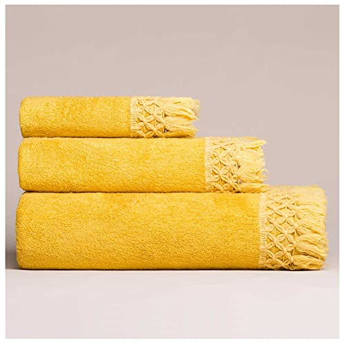 Juego de Toallas 100% bambú Assis Mostaza 3 Piezas: Tocador, Lavabo y baño. Tejido bambú 550 gr/m². Muy Suave y Resistente.550 gr/m²
