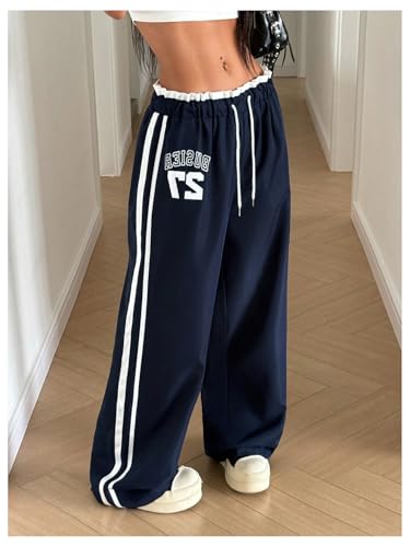 Women's Y2K Side Striped Wide Leg Pants Letter Graphic Drawstring Hip Hop Streetwear Baggy Track Pants2