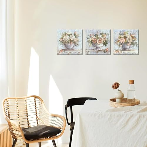 Piy Painting 3 Pcs Weinlese Wandbilder Mit Rahmen, Blumen Wandkunst Leinwand Malerei, Bilder Für Wohnzimmer, Wasserfesten Bild Für Schlafzimmer Küche Badezimmer Wanddeko 30 x 30 cm