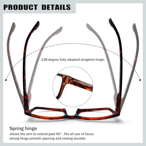 Image of Kerecsen 4 Pack Reading Glasses for Men and Women with Spring Hinges, Lightweight Black Rectangular Readers Eyeglasses (4 Tortoise, 1.50, x)
