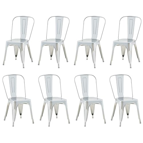 Image of Metal Dining Chairs with Backrest, Stackable, Silver, 8 Pack | Easy Assembly, Non-Slip Feet, 330 lb Capacity, Kitchen, Restaurant, Cafe, Pub, Covered Patio