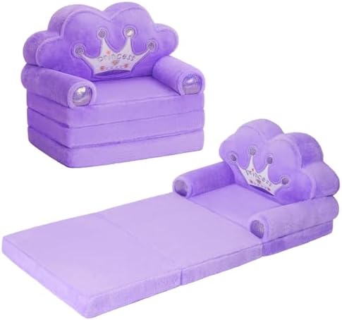 Princess Sofa Cum Bed for Kids – Soft Foldable Cartoon Chair Bed with Cushion (Purple)