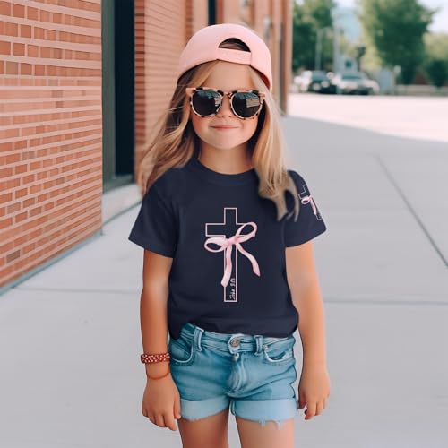Image of Girls Cute Christian Shirts Kids Pink Bow Shirt Jesus God Faith Tshirts Aesthetic Cross Bible Verse Graphic Tee Tops