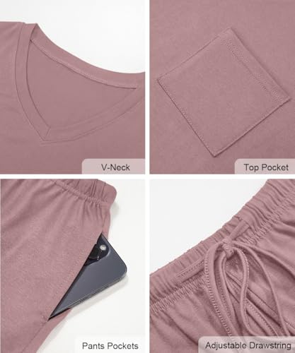 Image of RUBZOOF Women's Short Sleeve Pajama Sets with Pockets Casual V Neck 2 Piece Lounge Sets S-3XL