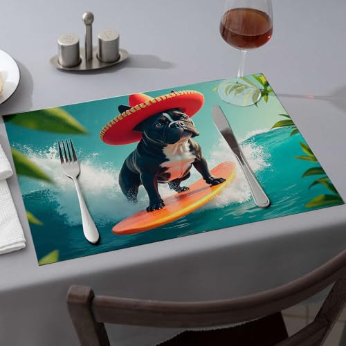 Tovagliette all'americana dorate con bulldog surf in un sombrero, tovagliette gialle (4 pezzi)