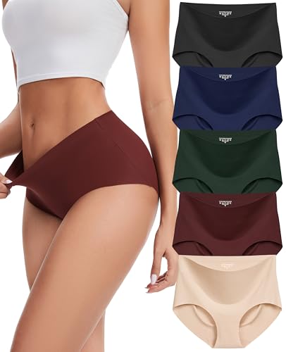Sunm Boutique Seamless Womens Underwear, No Show Full Coverage Briefs, Tummy Control High Waisted Panties for Women (5 Pack, Large, Multicolor)