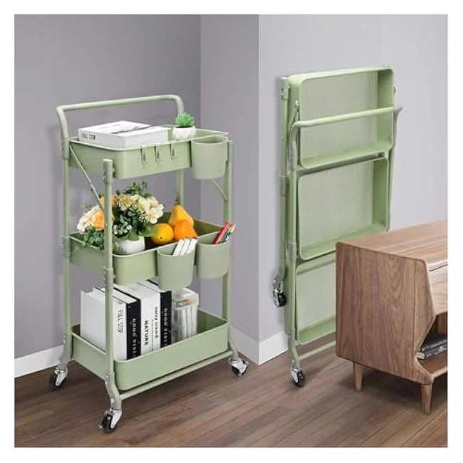 ´¢Îï³µ Foldable 3-Tier Metal Rolling Cart - Collapsible Storage Trolley with Wheels, Space Saving Utility Organizer for Kitchen, Bathroom, Dorm, Office, Closet-IoXorxLa