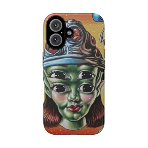 Coque iPhone 16 verte alien à quatre yeux et design cosmique rigide mate