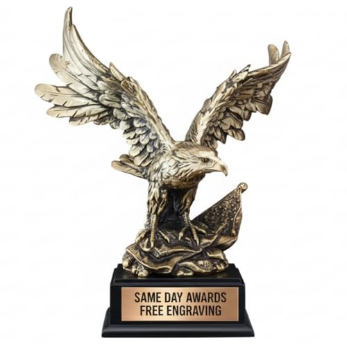 Same Day Awards Gold Flag Eagle Award Trophy with Free Engraving Gold Eagle with Wings Spread for Military Police Firefighter Recognition Patriotic Achievement Award (14.5")