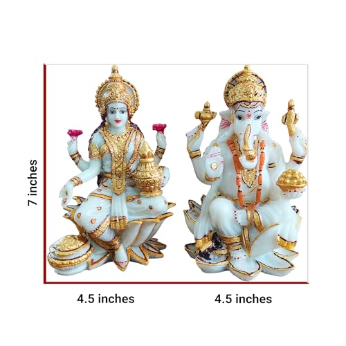 Image of YASHONIDHI Lakshmi MATA and Lord Ganesh Idol Set, White and Golden, Marble Dust, 7 Inches, Perfect for Pooja Room, Diwali Puja, Gift for All Occasions.