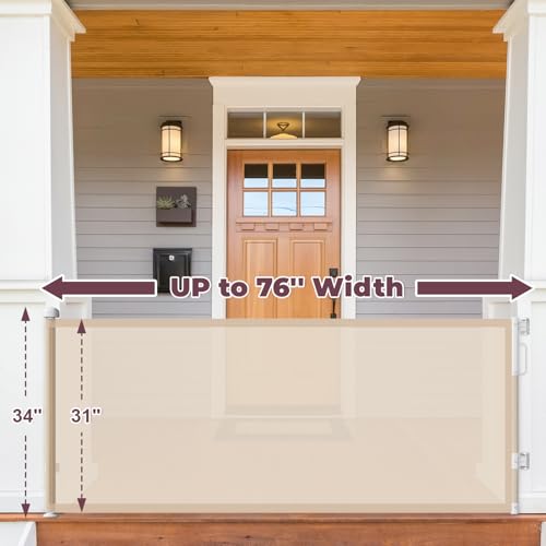 Image of 76 inch Retractable Baby Gates Extra Wide, Mesh Long Dog Gate for Deck | Indoor Outdoor Stair Gate for Wide Openings Doorways Hallways Porch, Child Pet Safety Essentials for Home, Beige