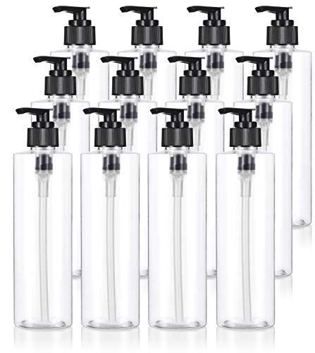 Clear 8 oz / 250 ml Professional Cylinder PET Plastic Bottles (BPA Free) with Black Lotion Pump (12 Pack)