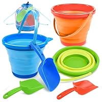 JOYIN Foldable Beach Bucket Set - 3 Packs Collapsible Toy Buckets With Shovels and Mesh Backpack for Kids Toddlers Party, Camping Gear, Travelling and Fishing Water Pail