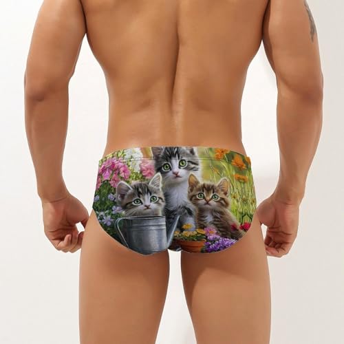 Three Cute Cats Flowers Printed Swim Briefs for Men Sexy Bikini Swimwear Elastic Beach Trunks Bathing Suit3