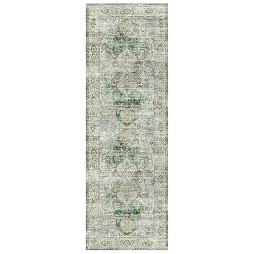 Madane Washable Runner Rug - 2x6 Rug Runners for Hallways 6 Feet Non Slip Vintage Kitchen Runner Rug Ultra-Thin Bathroom Runner Rugs Carpet Laundry Room Bedroom (2x6ft, Green)